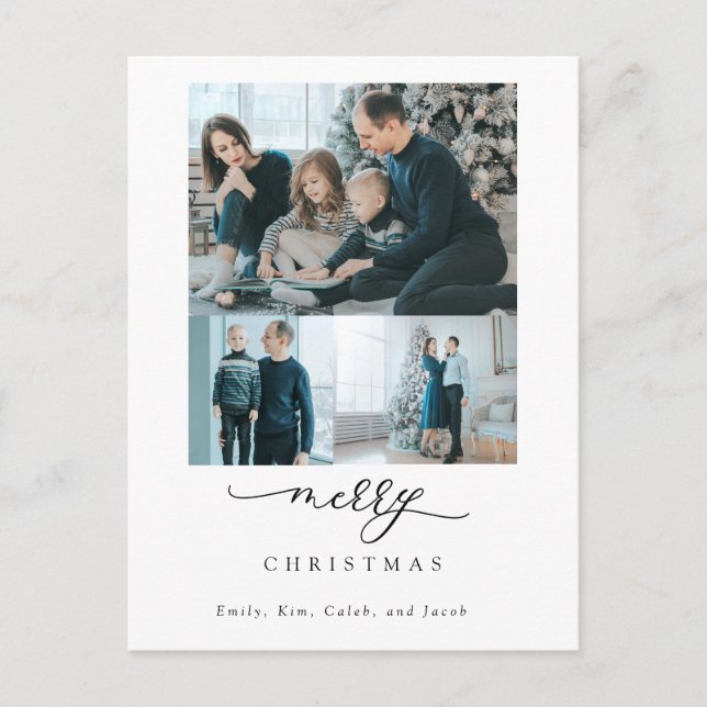 Modern Minimal Script 3 Photo Merry Christmas Postcard (Front)