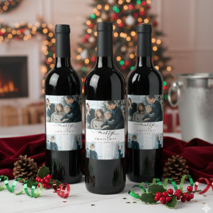 Modern Minimal Script 3 Photo Merry Christmas  Wine Label