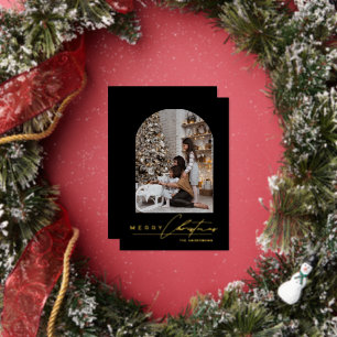 Modern Minimal Script Arch Photo Gold Christmas Foil Holiday Card