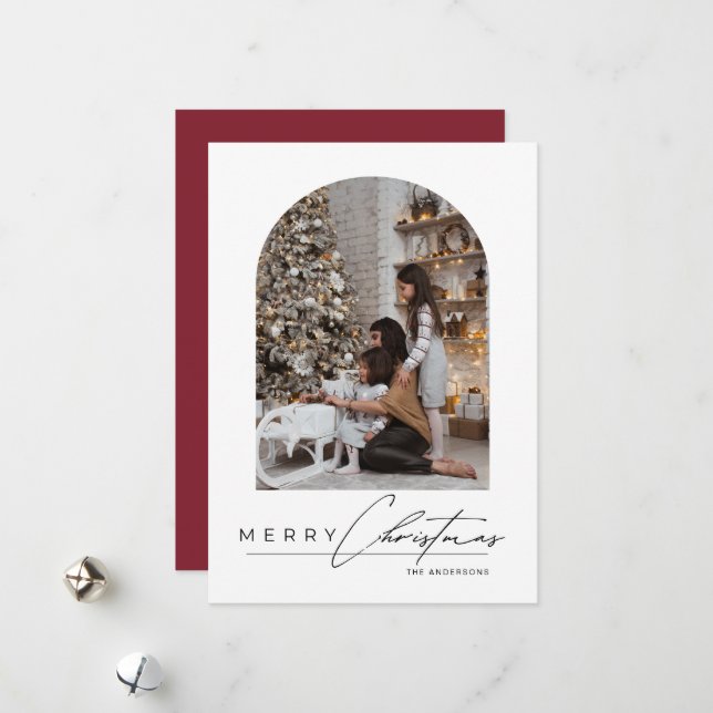Modern Minimal Script Arch Photo Red Christmas Holiday Card (Front/Back In Situ)