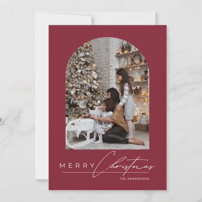 Modern Minimal Script Arch Photo Red Christmas Holiday Card (Front)