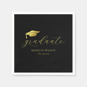 Modern Minimal Script Black Gold Graduation Party Napkin