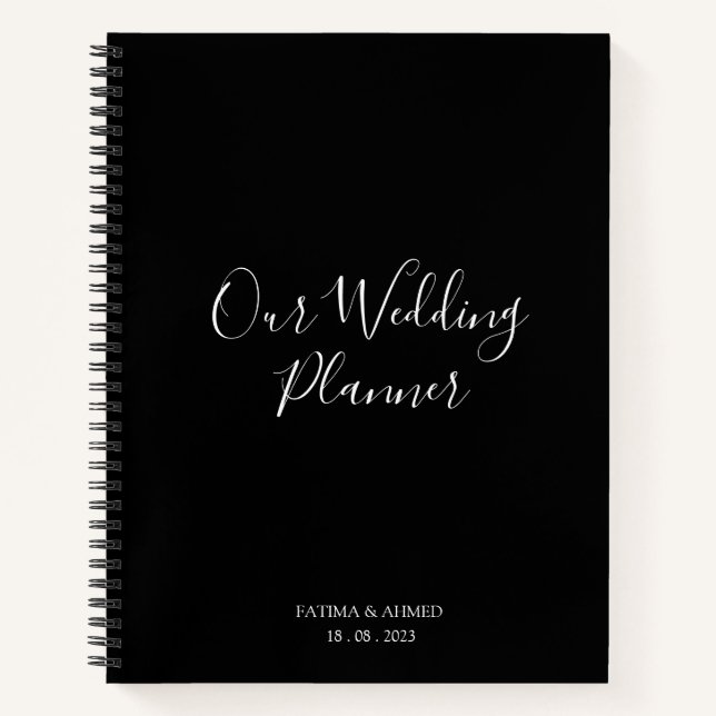 Modern Minimal Script Black Muslim Wedding Planner Notebook (Front)