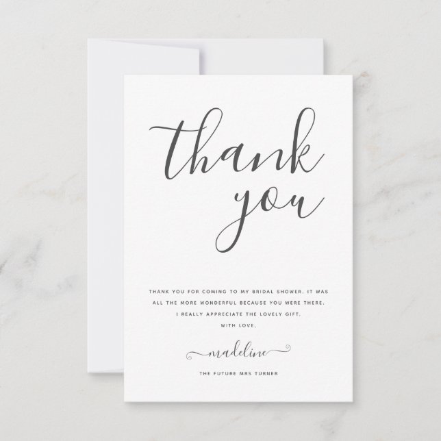 Modern Minimal Script Bridal Shower  Thank You Card (Front)