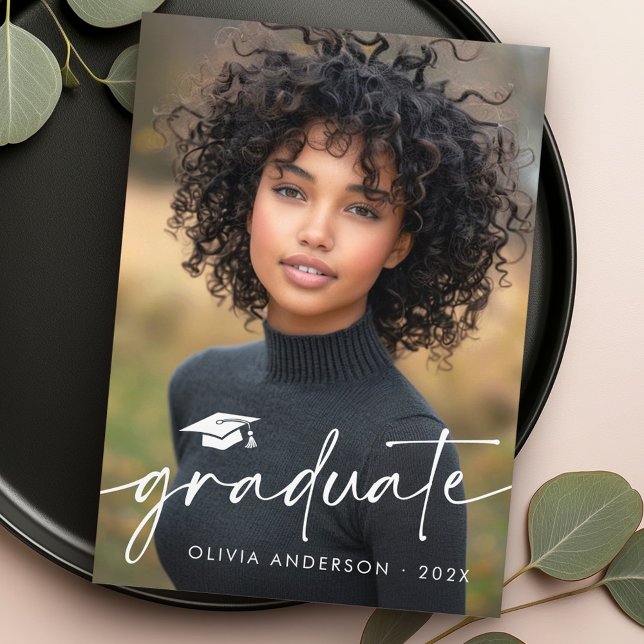 Modern minimal script cap photo graduation announcement (Modern minimal script cap photo graduation announcement)