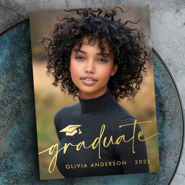 Modern minimal script cap photo graduation real (Modern minimal script cap photo graduation real foil invitation)