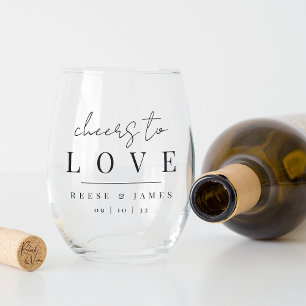 Modern Minimal Script Cheers to Love Wedding Favou Stemless Wine Glass