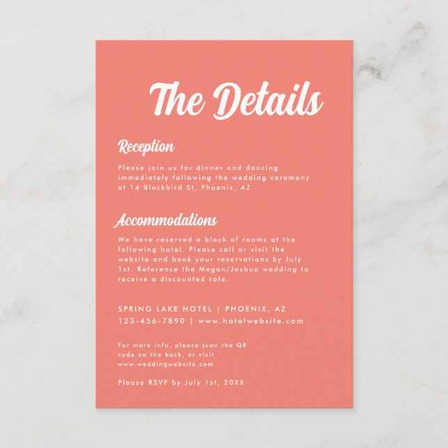 Modern Minimal Script Coral Pink Wedding Details Enclosure Card (Front)