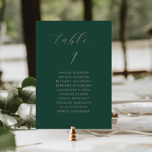 Modern Minimal Script Dark Green Gold Wedding Table Number