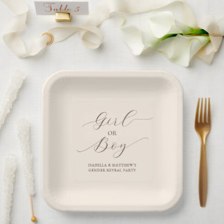 Modern Minimal Script Gender Reveal Party Beige Paper Plate