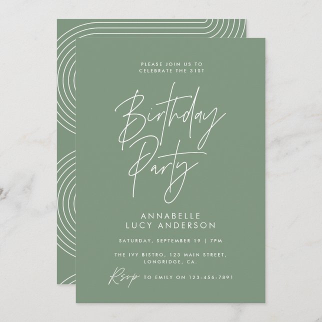 Modern minimal script geometric green birthday invitation (Front/Back)