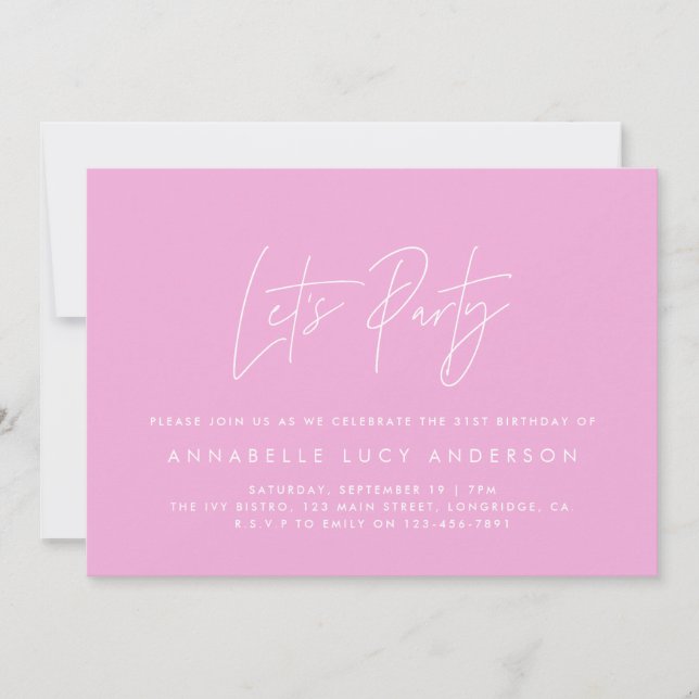 Modern minimal script geometric pink birthday invitation (Front)