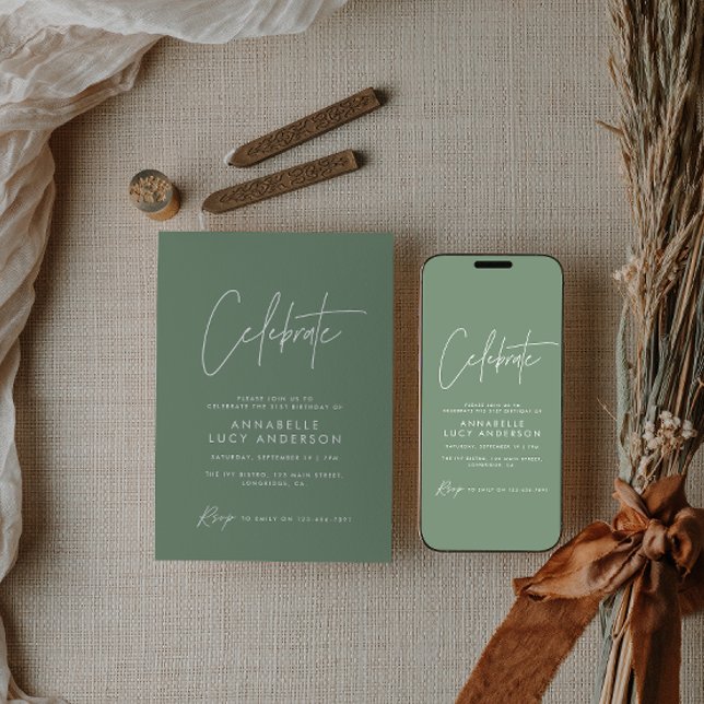 Modern minimal script geometric sage green invitation (Creator Uploaded)