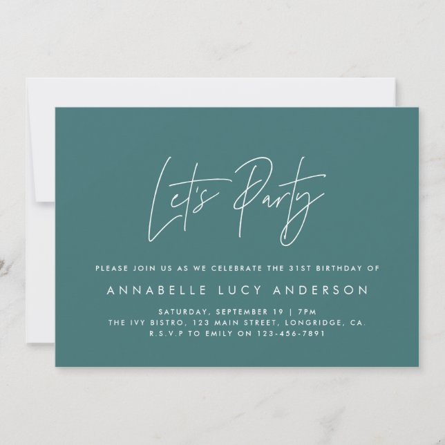 Modern minimal script geometrical teal birthday invitation (Front)