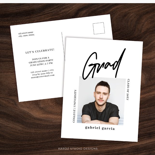 Modern Minimal Script Graduation Party Invitation Postcard (Personalize this graduation party invitation, shown in a 5.6 x 4.25" front and back postcard)