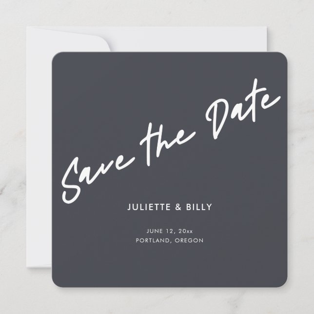 Modern Minimal Script Grey Square Wedding Save The Date (Front)