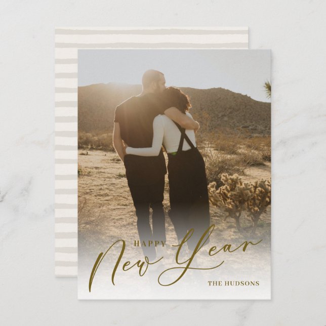 Modern Minimal Script Happy New Year Photo Holiday (Front/Back)