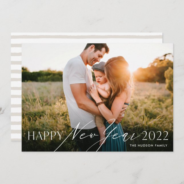 Modern Minimal Script Happy New Year Photo Holiday (Front/Back)