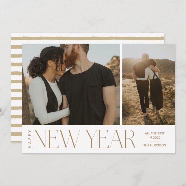 Modern Minimal Script Happy New Year Photo Holiday (Front/Back)