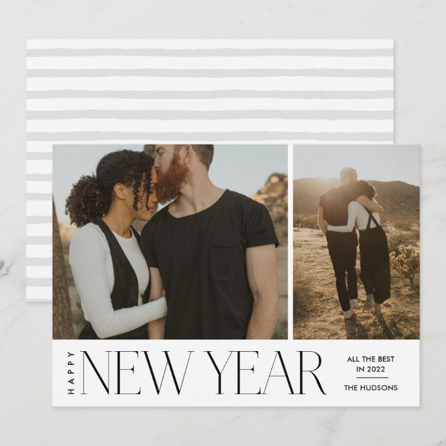 Modern Minimal Script Happy New Year Photo Holiday Card (Front/Back)