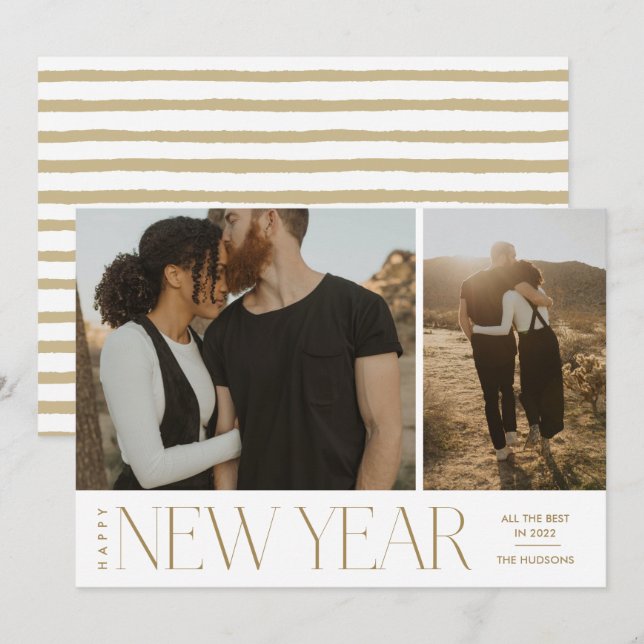 Modern Minimal Script Happy New Year Photo Holiday Card (Front/Back)