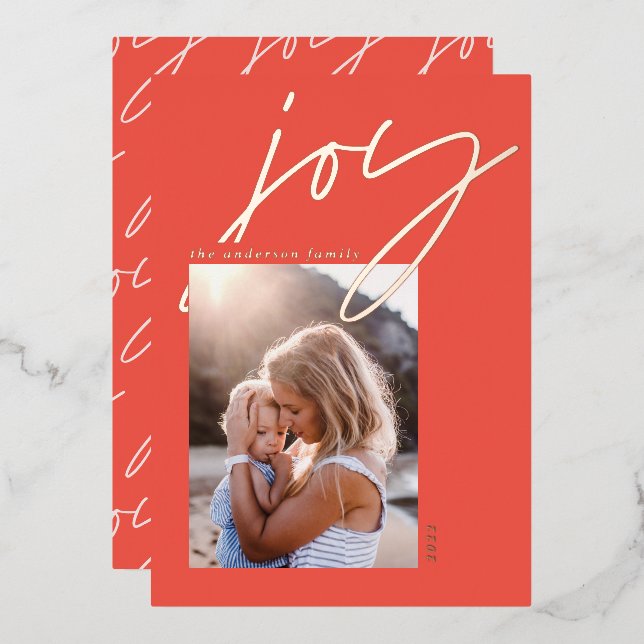 modern minimal script joy 1 photo red elegant foil holiday card (Front/Back)