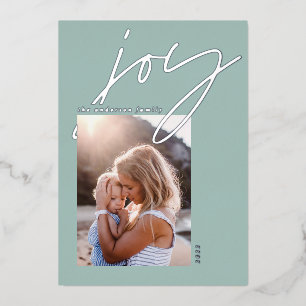 modern minimal script joy photo sage green elegant foil holiday card