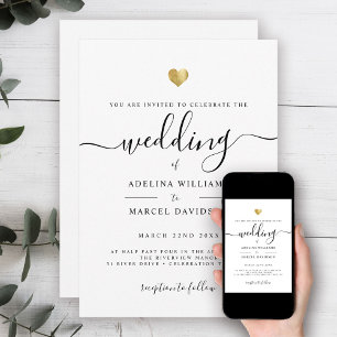 Modern Minimal Script Monogram Gold Heart Wedding Invitation