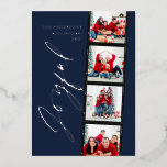 Modern minimal script multi photo christmas blue foil holiday card<br><div class="desc">Modern minimal script multi photo Christmas navy blue retro design. Elegant classy real gold,  silver and rose gold foil design.</div>