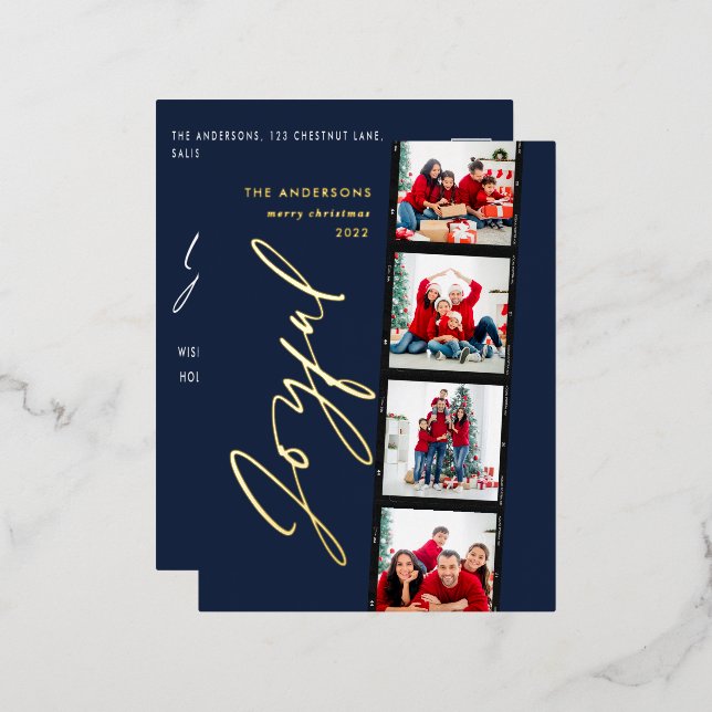 Modern minimal script multi photo Christmas blue Foil Holiday Postcard (Front/Back)