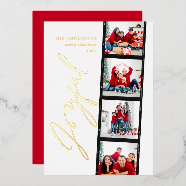 Modern minimal script multi photo christmas retro foil holiday card (Front/Back)