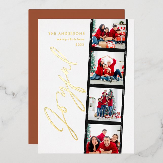 Modern minimal script multi photo christmas rust foil holiday card (Front/Back)