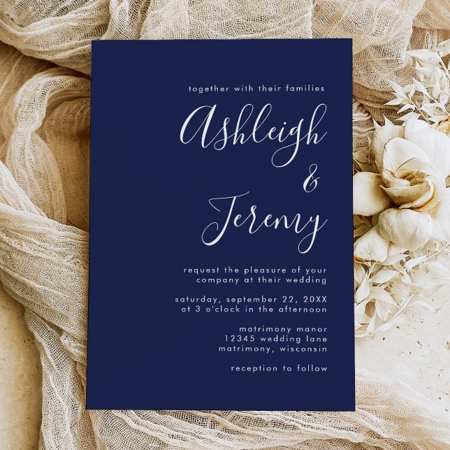 Modern Minimal Script Navy Blue Wedding Invitation (Creator Uploaded)