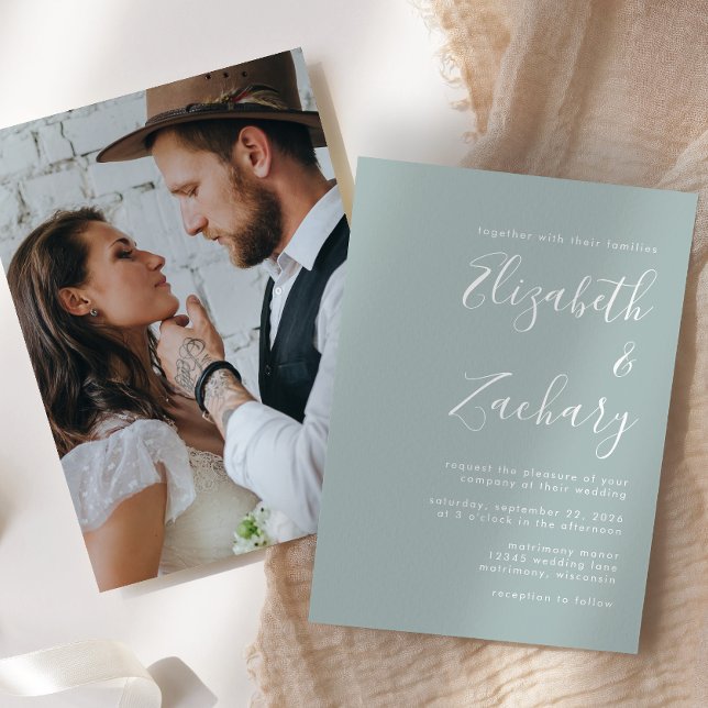 Modern Minimal Script Photo Sea Glass Wedding Invitation (Creator Uploaded)