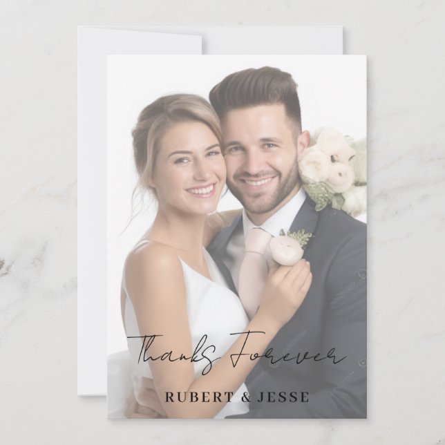 Modern Minimal Script Photo Wedding Thank You Card (Front)