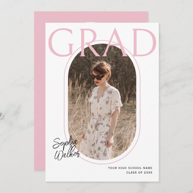 Modern Minimal Script Pink Photo Graduation Party Invitation (Front/Back)