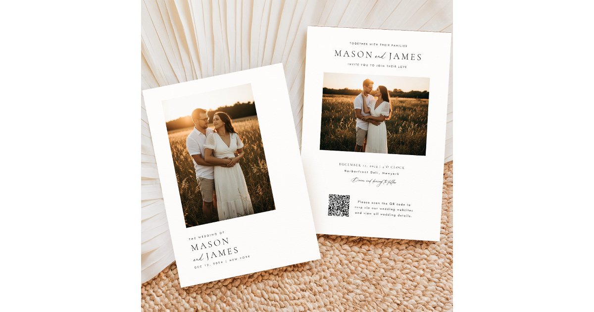 Answer Booklet Script Qr Code Photo Modern Minimal Script QR Code Photo Budget Wedding Invitation | Zazzle