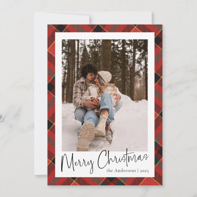 Modern Minimal Script | Red Green Christmas Photo Holiday Card (Front)