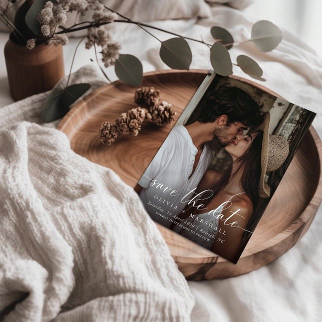 Modern Minimal Script Two Photo Simple Wedding  Announcement Postcard (Creator Uploaded)