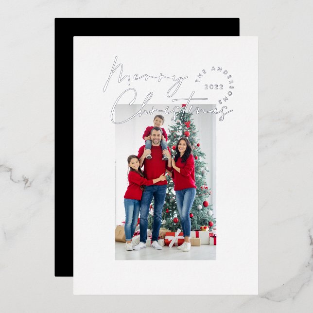 Modern minimal script typography 1 photo Christmas Foil Holiday Card (Front/Back)