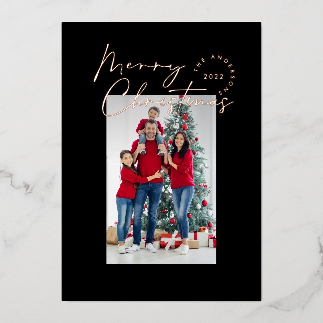 Modern minimal script typography 1 photo Christmas Foil Holiday Card (Front)