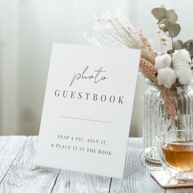 Modern Minimal Script Wedding Photo Guestbook Pedestal Sign (Creator Uploaded)