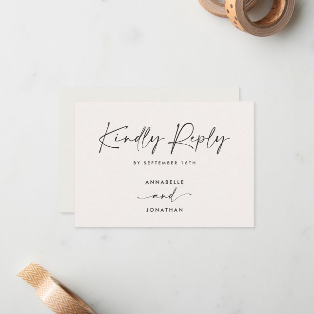 Modern Minimal Script Wedding RSVP with Stripe abc Card (Front/Back In Situ)