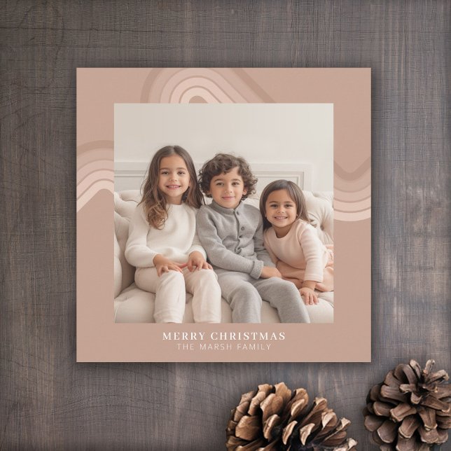 Modern Minimal Shades of Champagne Stripes Photo Holiday Card (Retro Pastel Stripes Holiday card with one photo)
