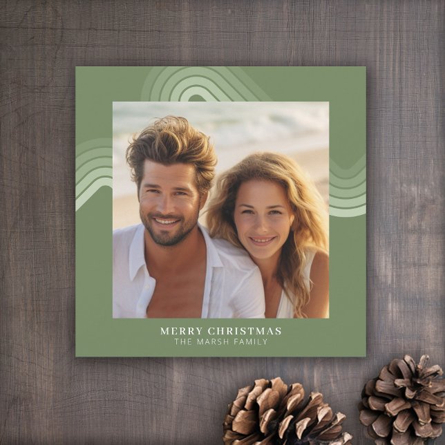 Modern Minimal Shades of Juniper Stripes - Photo Holiday Card (Retro Pastel Stripes Holiday card with one photo)