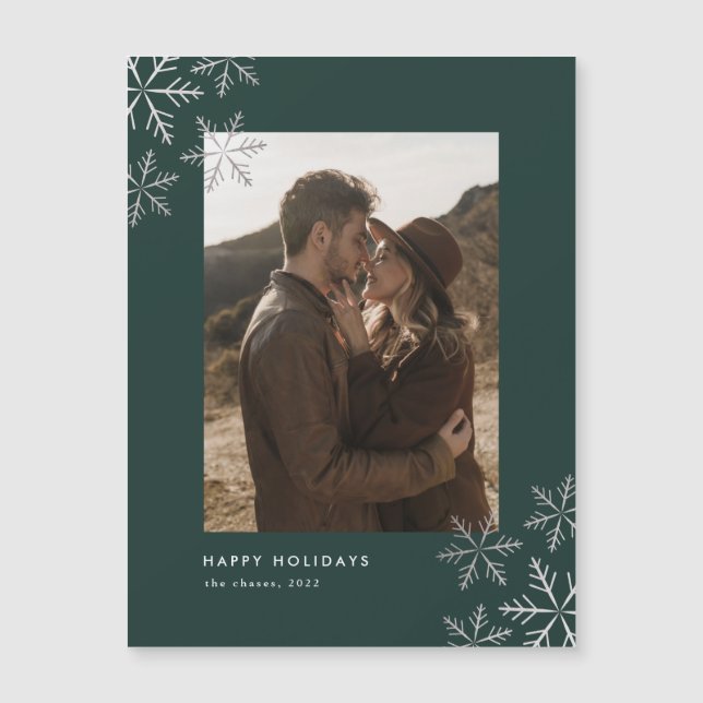 Modern Minimal Silver Snowflakes Holiday Card (Front)