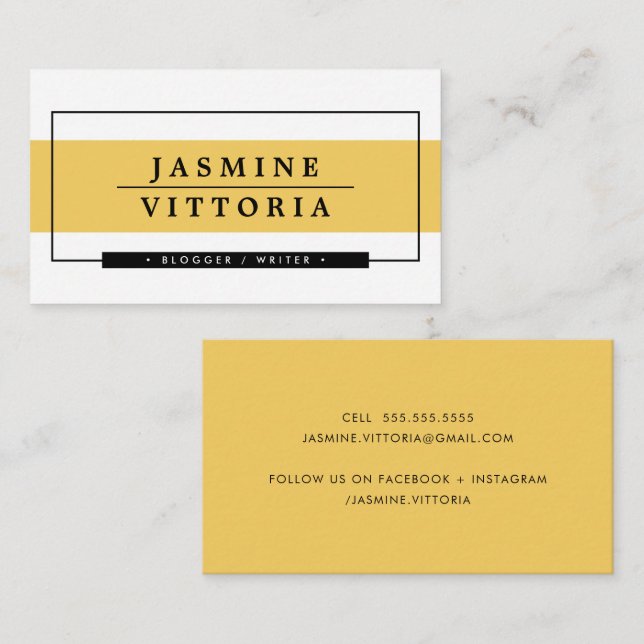 MODERN MINIMAL simple border yellow band black Business Card (Front/Back)