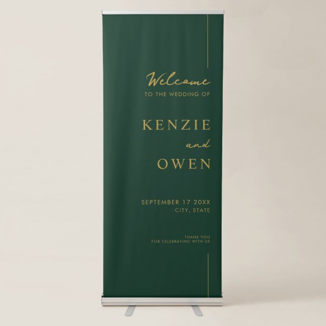 Modern Minimal Simple Green Gold Wedding Welcome Retractable Banner (Front)