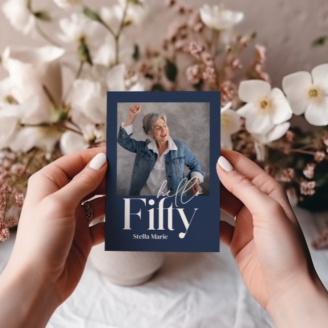 Modern minimal simple navy blue 50th birthday invitation (Creator Uploaded)