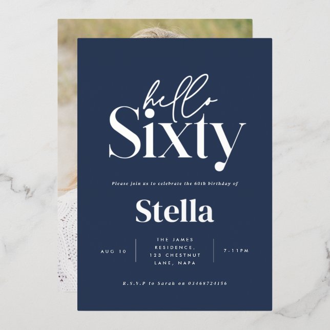 Modern minimal simple navy blue 60th birthday (Front/Back)